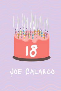 A pink cake with candles blown out is on a purple background with pink waves. 18 is in white handwritten font on the cake.