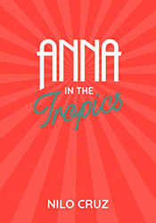On bright red and pink striped background, Anna in the Tropics is written in 30's style white font and gray cursive.