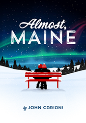 Two people with red hats sit on a red bench in a snowy forest snow overlook the Northern Lights in a starry night sky. Almost, Maine is written in cursive and bold stamped white font. 