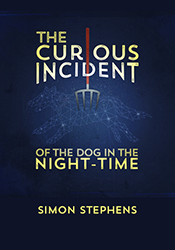 The Curious Incident of the Dog in the Night-Time is written in yellow and white font. A lawn rake impales the shape of of dog made up of stars in a constellation over the dark blue night sky.