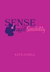 The silhouettes of two women, one with pink headphones, on a bright pink background. Sense and Sensibility in purple and pink print and cursive. 