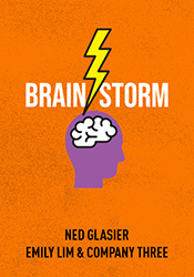 A purple head with a white cartoon brain has a yellow cartoon lightning bolt striking it. Brainstorm is written in bold white font.