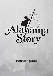 On a gray brushstroke background, a black and white rabbit with a black line through them are above the words Alabama Story in curved black lettering.