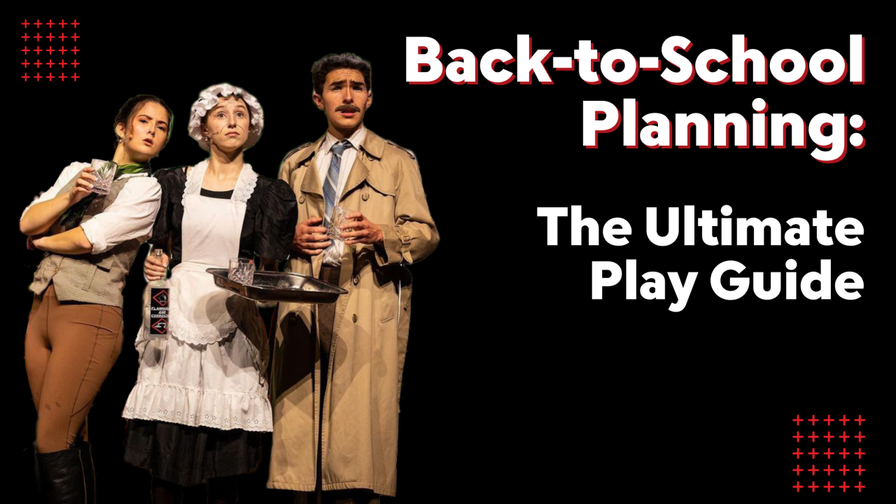 A person in a riding uniform, an old maid, and detective in a trench coat stand with glasses and bottle of flammable liquid. Back to School Planning is in white and red font and The Ultimate Play Guide in white text.