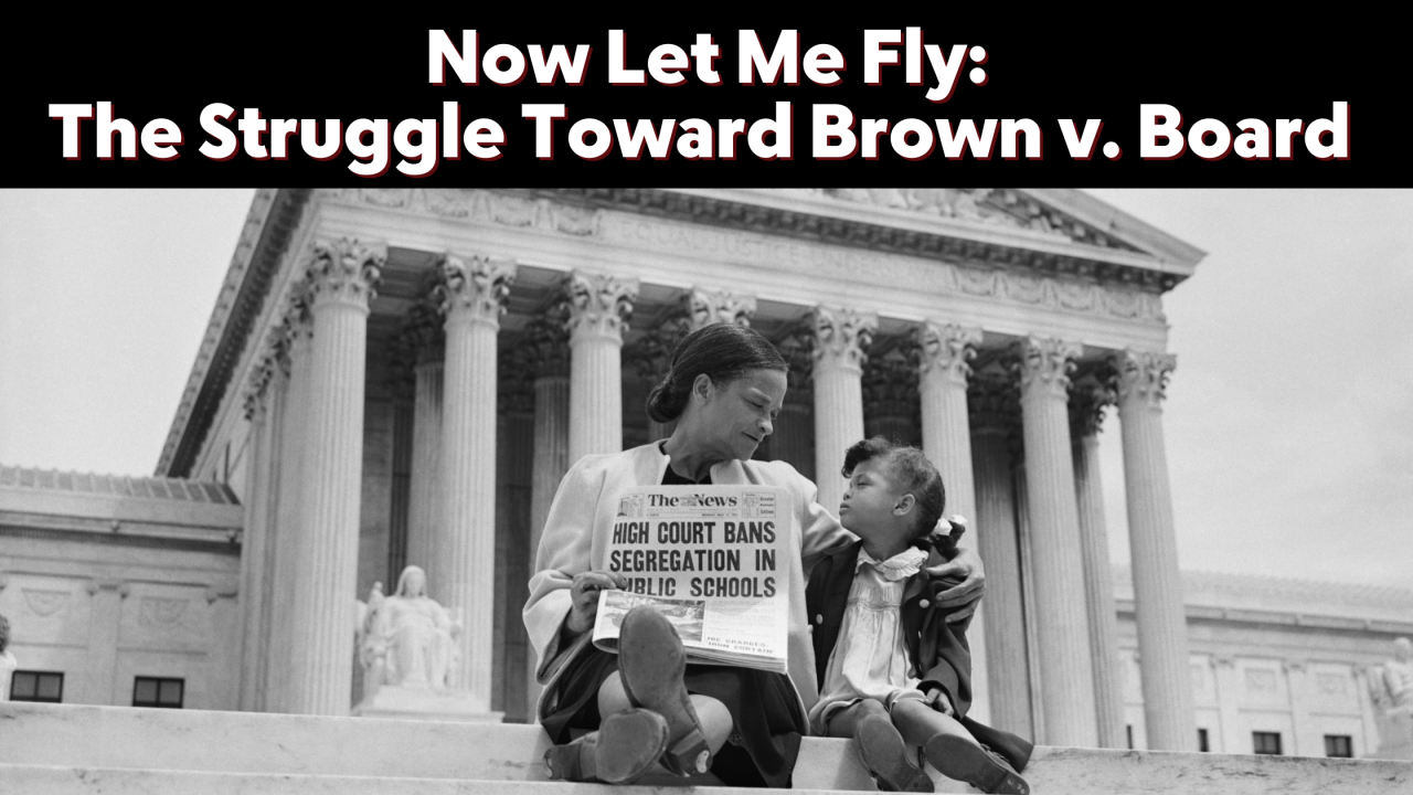 Now Let Me Fly: The Struggle Toward Brown v. Board, image of women and child on the steps of the Supreme Court with a newspaper that headlines "High Court Bans Segregation in School"