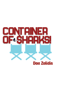 Three blue directors chairs under red game show font reading Container of Sharks with a small shark silhouette.