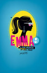 On a teal background, there is an oval of yellow lined notebook paper with the portrait silhouette of a girl with a ponytail, white sunglasses with blue and pink lenses, and large fancy blue earrings. Large pink letters that say EMMA are on top with a blue circle stamp to the right that has a white exclamation point with a heart as the dot. A Pop Musical in a black box and blue letters in below.