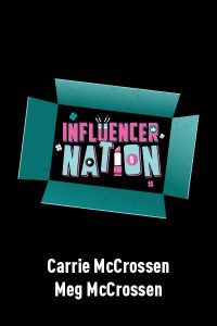 Influencer Nation is written in bold bright pink and turquoise font inside a teal box against a black background. The letters have play buttons, like buttons, lipstick, and a magnet with hashtags around it.