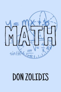 MATH is written in black outlined capitalized font. Behind it, various equations and math symbols in blue.
