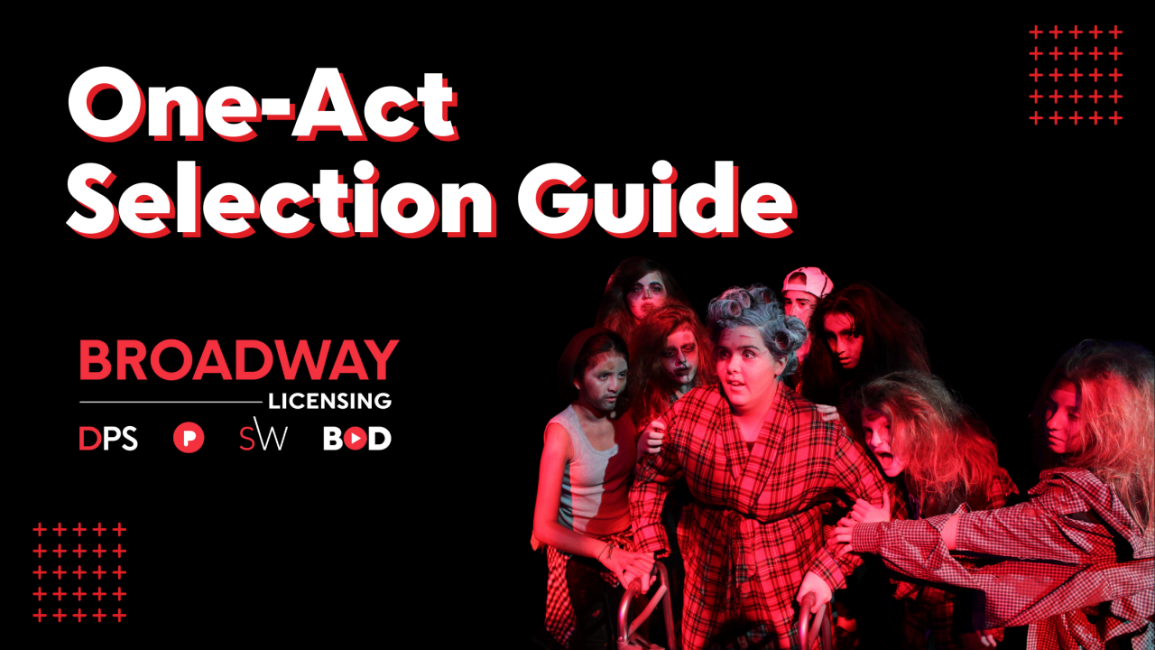 One-Act Selection Guide in white and red bold font. Kids dressed as zombies are chasing another kid dressed as an old lady with hair curlers and a walker.