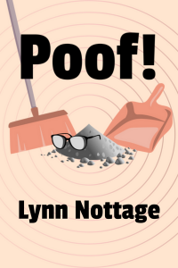 A gray pile of dust with black eyeglasses on top is being swept into a pink dustpan. Poof! is in bold black font.