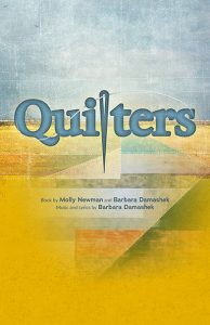 Quilters is written in light blue letters with silver stitching around the edges of each letter. The L in the word is shaped like a needle. At the end of the S, a silver string threads through the eye of the needle and around the Q. Behind the title in a brushstroke style, a blue gray sky meets the horizon of a golden yellow field with green and orange in geometric shapes. White dotted like that look like stitches follow the lines of the geometric shapes. 