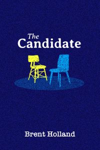 A yellow stool and blue chair sit next to each other against a blue background. The Candidate with written in white font above.