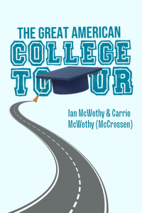The Great American College Tour in teal, outlined font. A graduation cap in in the middle of the word TOUR and a winding road lead from behind the hat.