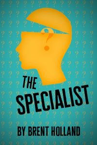 The profile silhouette of a yellow head with the top opening up and a question mark coming out. The Specialist is written in bold black font over a teal background with small yellow question marks.