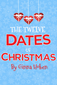 The Twelve Dates of Christmas in white and red bold font. Three red hearts with bows hanging from string above and white snowflakes on a blue background.