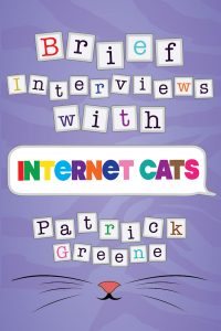 Brief Interviews with Internet Cats is in multicolored font over a purple tiger stripe background. Half the words are arranged in individual squares and Internet Cats is in a dialogue box. A cat nose, mouth, and whiskers are at the bottom.