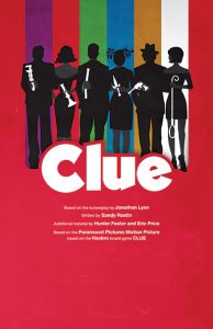 A red poster. The shadows of the famous characters from Clue are lined up with a different colored banner behind each one. They are each holding a white weapon.