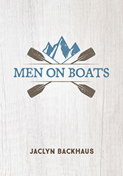 On a white wood background, blue mountain peaks and four gray oars surround the words Men On Boats in blue.
